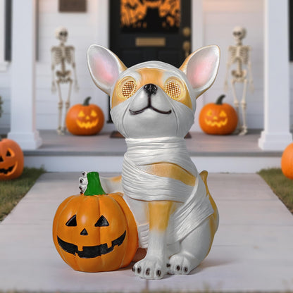 QOCNAM Halloween Decorations, Halloween Dog Statue Holding Pumpkin, with 360°Rotating Glowing Eyes and Solar Power,Outdoor Dog Statue for Front Door Porch, Yard, Lawn, Garden &Spooky Gifts