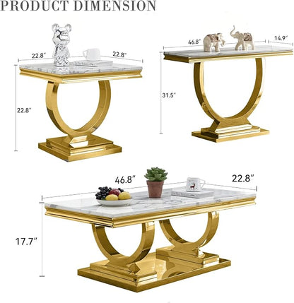 3 Piece Living Room Table Set Include 1 Faux Marble Coffee Table & 1 End Table & 1 Console Table, Modern White Gold Coffee Table Set of 3 with Double O Shape Stainless Steel Pedestal Base