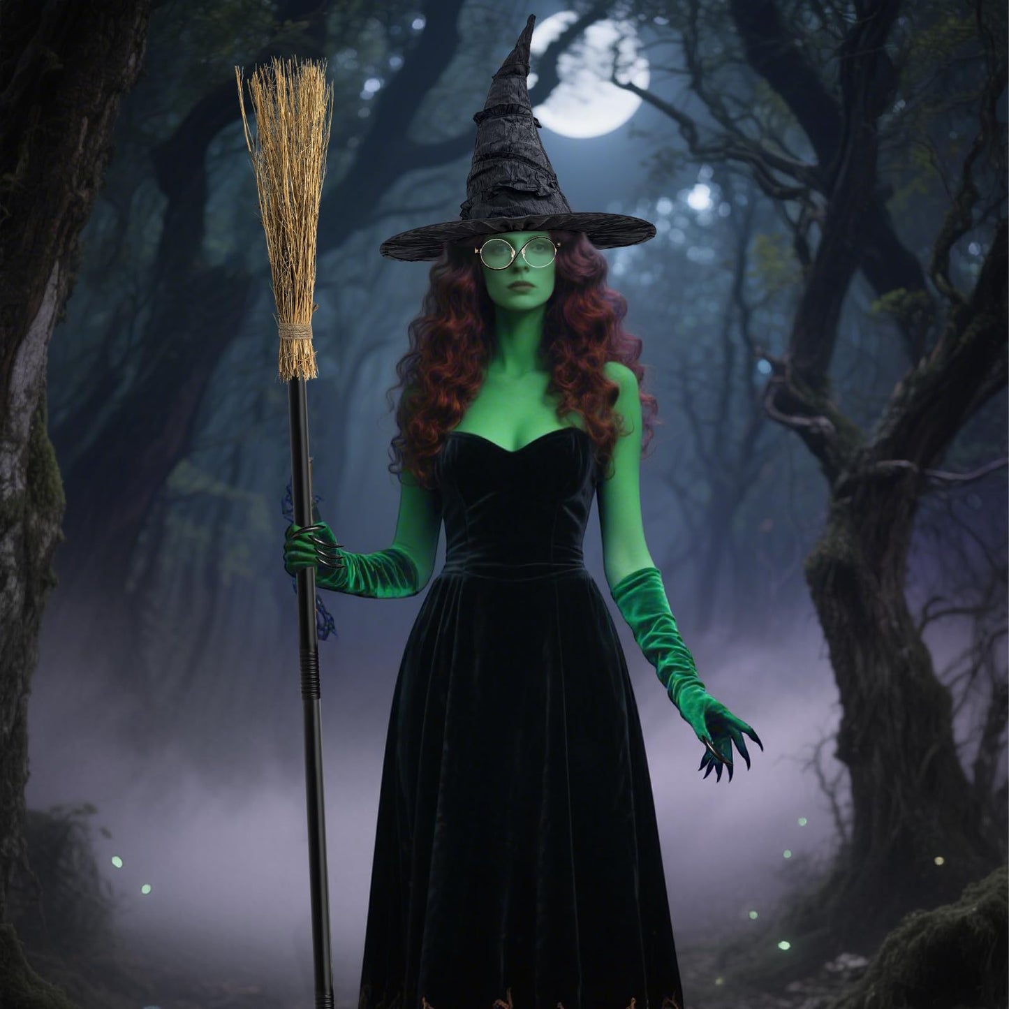 Hlimior 4 Pcs Halloween Witch Costume Set Include Black Witch Hat Broomstick Green Claw Gloves & Glasses,Halloween Costume Accessories for Women Cosplay & Party Fun