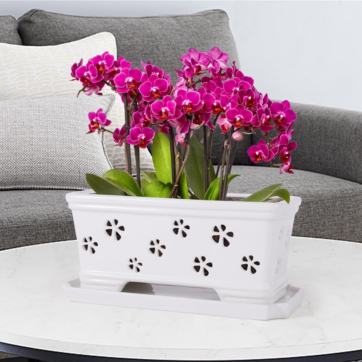 Orchid Pot with Holes and Saucer - 12*6.3*5.3Inch Ceramic Large Pot Basin for Refilling - Indoor and Outdoor Use - Air Circulation