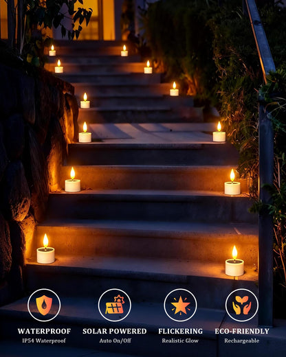 SoulBay Solar Tea Lights Outdoor Waterproof, 12 pcs 1.5" D x 2.1" Reusable Dusk to Dawn Flickering Small LED Tealight Candles, Flameless Votive Candle for Lanterns Patio Garden Camping Décor