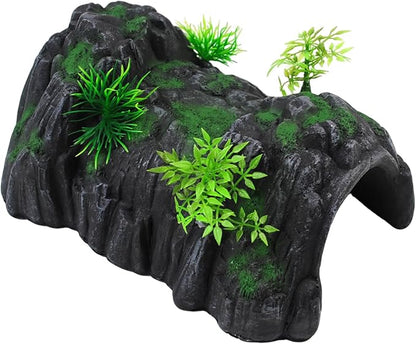 Fish Tank Hideout Cave Decor,Resin Rock Mountain Tunnel with Moss Plants Betta Cichlid Habitat Shelter for Aquarium Fish Tank Accessories 9.5 x 6 x 4 Inch
