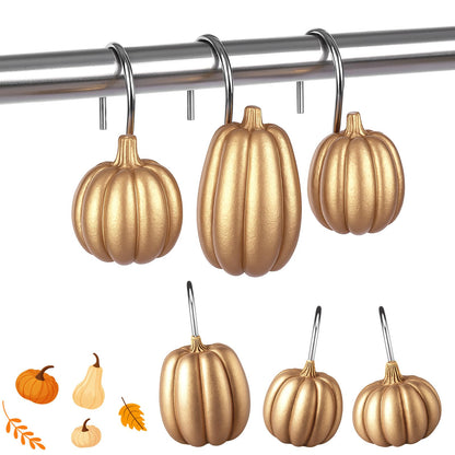 Weysat 12 Pcs Pumpkin Decorative Shower Curtain Hooks Fall Shower Curtain Rings Hanger Stainless Steel Resin Thanksgiving Bathroom Hook for Halloween Farmhouse Rustic Bathroom Decor(Gold,Pumpkin)