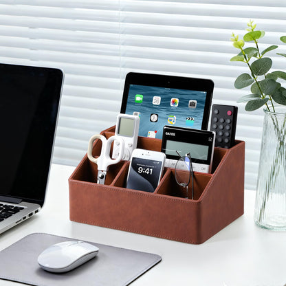 Cretkhp Desk Organizer Caddy with 5 Compartments for Office Art Supplies, PU Leather Nightstand Organizer Pencil Pen Desk Caddy for Home, Desktop TV Remote Control Holder Storage (Brown)