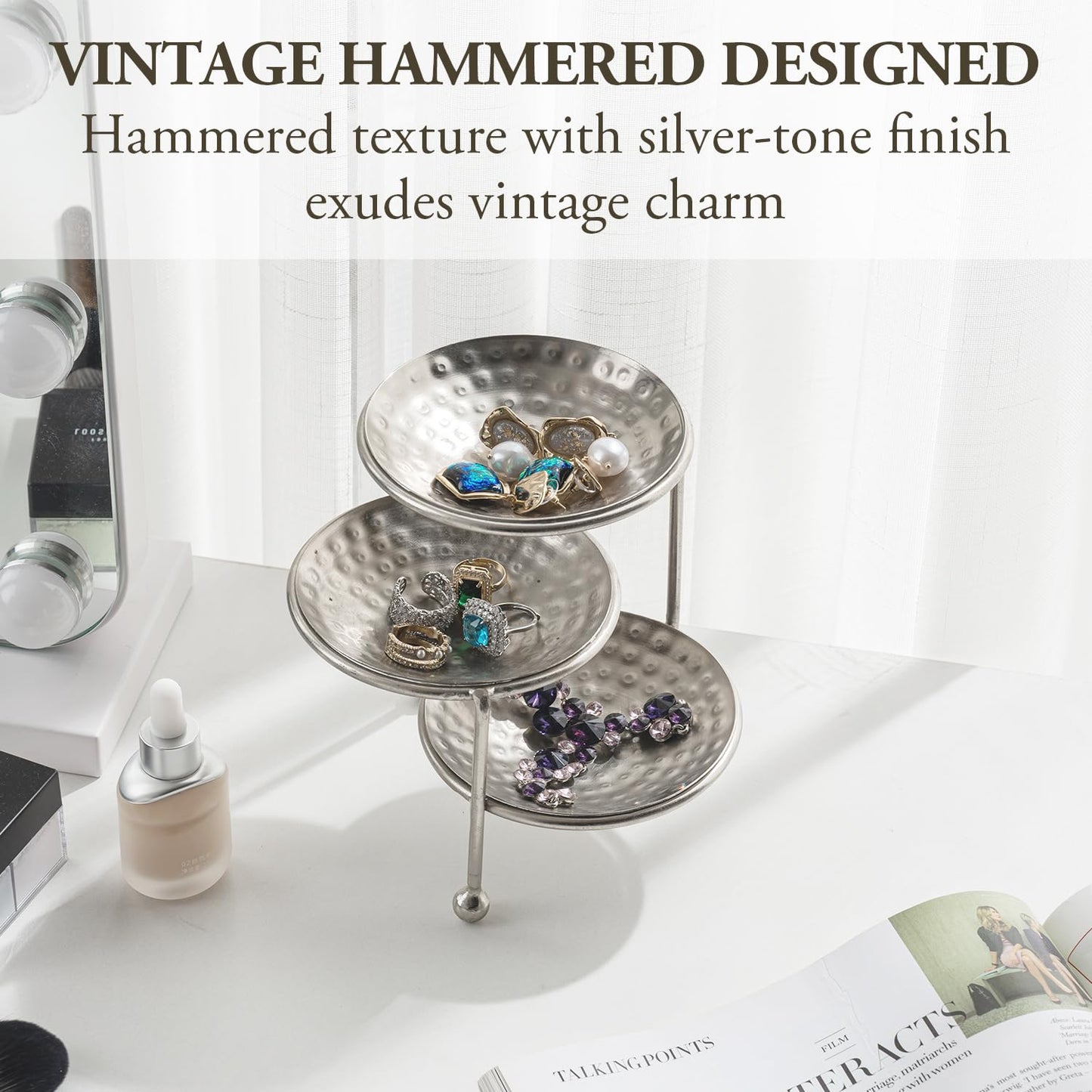 MyGift 3 Tier Jewelry Dish Organizer, 4 Inch Hammered Silver Metal Dishes and Stand, Decorative Ring Tray Jewelry Holder Display Tower for Earrings Necklace Bracelet - Handcrafted in India