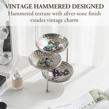 MyGift 3 Tier Jewelry Dish Organizer, 4 Inch Hammered Silver Metal Dishes and Stand, Decorative Ring Tray Jewelry Holder Display Tower for Earrings Necklace Bracelet - Handcrafted in India