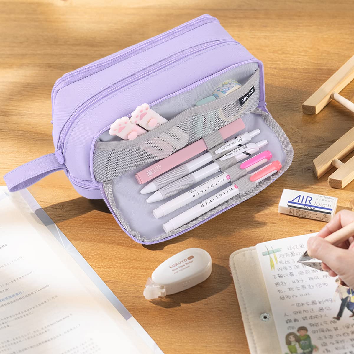MAMUNU Large Capacity Pencil Case 4 Compartments, Pencil Pouch Bag with Zipper Portable Handle, Pen Case Bag Stationery Organizer for Office College School Adults Teen Girls Boys Men Women, Purple