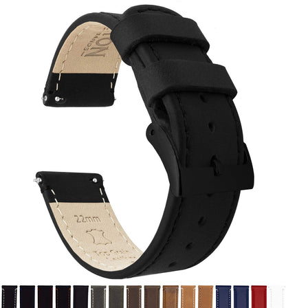 BARTON WATCH BANDS Quick Release Top Grain Leather Watch Band Strap, Black Leather/Black Stitching (Black Buckle), 22mm