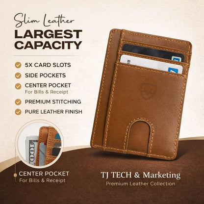 Mordano Leather Wallet Card Holder | RFID Blocking Protection Slim Minimalist Wallet For Men And Women | Front Pocket Thin Credit Card Holder | Genuine Leather Small Wallet (Brown)