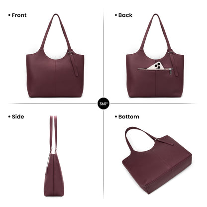 befen Genuine Leather Tote Bags for Women Work, Real Burgundy Leather Shoulder Handbags Zippered Satchel Purses with Adjustable Strap for Casual Shopping Travel, Burgundy