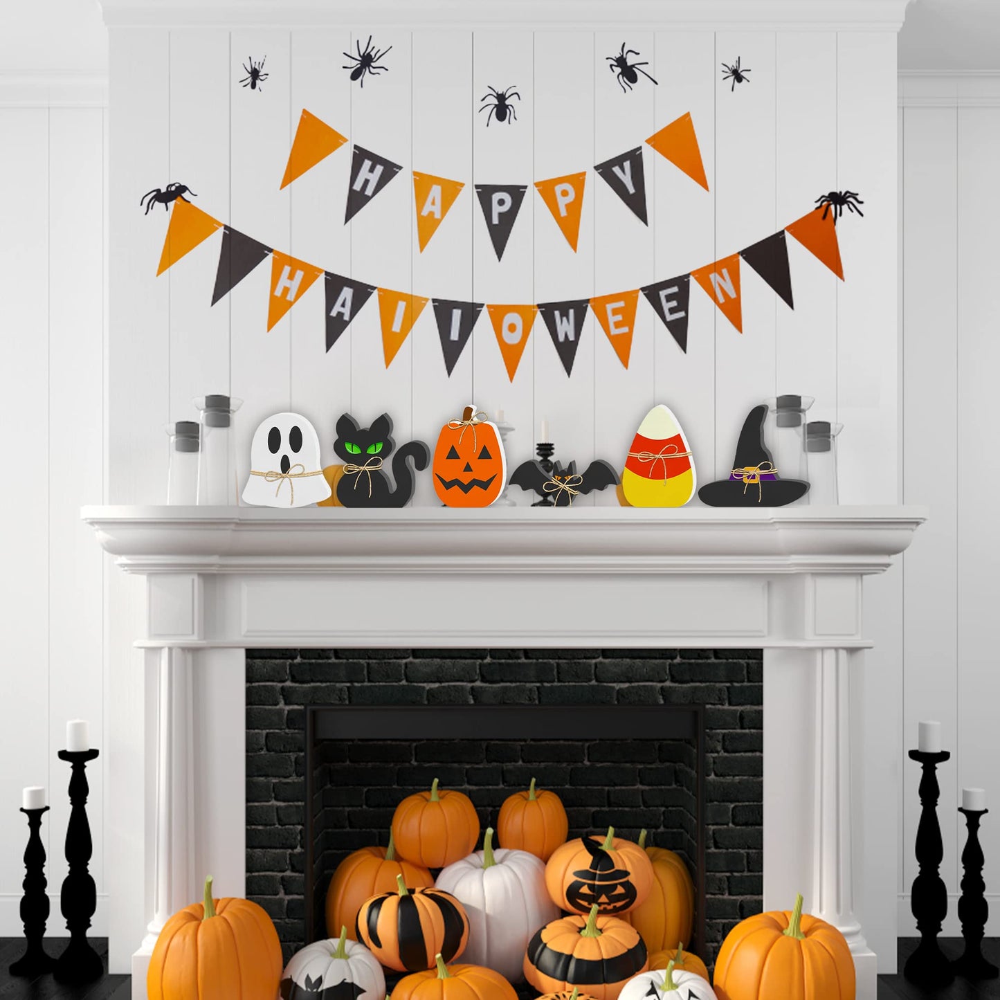 6PCS Halloween Wooden Decor - Halloween Decorations Wooden Signs Include Pumpkin Ghost Bat Black Cat Witch Hat Candy Corn Freestanding Table Signs Tiered Tray Decor for Rustic Farmhouse Home Mantle