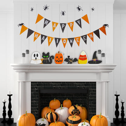 6PCS Halloween Wooden Decor - Halloween Decorations Wooden Signs Include Pumpkin Ghost Bat Black Cat Witch Hat Candy Corn Freestanding Table Signs Tiered Tray Decor for Rustic Farmhouse Home Mantle