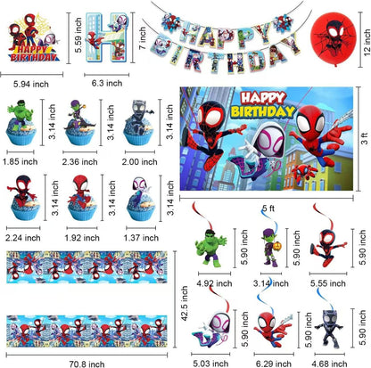Cartoon spidey-themed birthday party supplies. These decorations include "Happy Birthday" banners, tableware, tablecloths, balloons, large and small skewers, and party-themed decoration sets.
