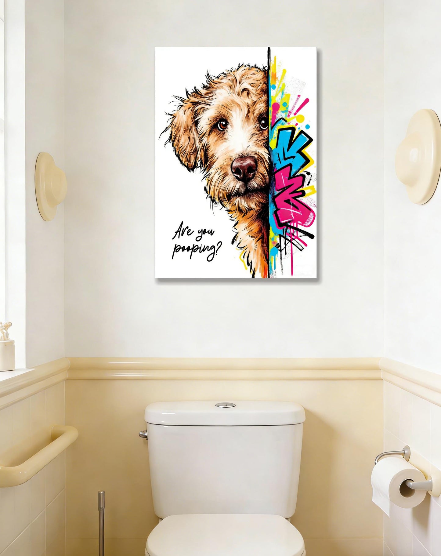 16x24“ Funny Goldendoodle Dog Bathroom Wall Art Painting, "Are You Pooping?" Graffiti Pet Canvas Print, Humorous Restroom Poster Decor for Washroom Bathroom Toilet, Modern Pop Art Dog Lover Gift (Framed)