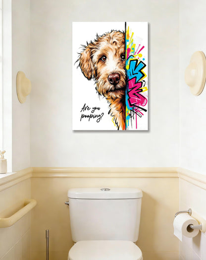 16x24“ Funny Goldendoodle Dog Bathroom Wall Art Painting, "Are You Pooping?" Graffiti Pet Canvas Print, Humorous Restroom Poster Decor for Washroom Bathroom Toilet, Modern Pop Art Dog Lover Gift (Framed)