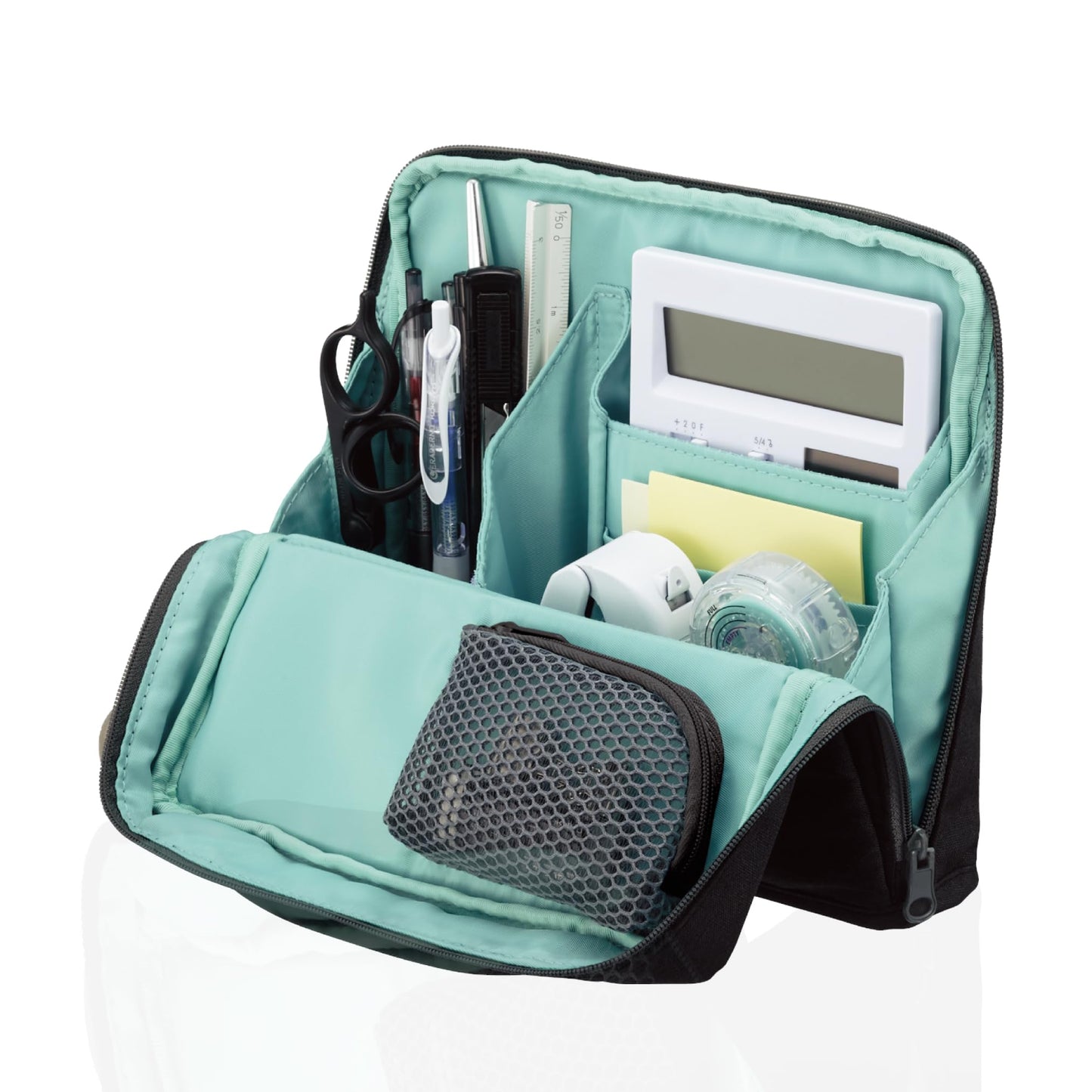 KOKUYO Pencil Case Pouch, Haco-Biz Standing Pen Pouch Bag, Foldable Stand up Pencil Holder Organizer, Large Capacity Portable Pencil Box for Office Supplies, Black x Green (KAHA-HB11D)