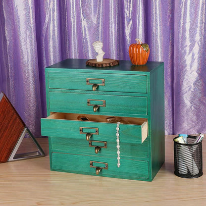 Desktop Organizer with Drawers - Card Catalog Cabinet, Small Wooden Drawers, Vintage Wooden Box, Rustic Desk Organizer and Accessories (S-GREEN)