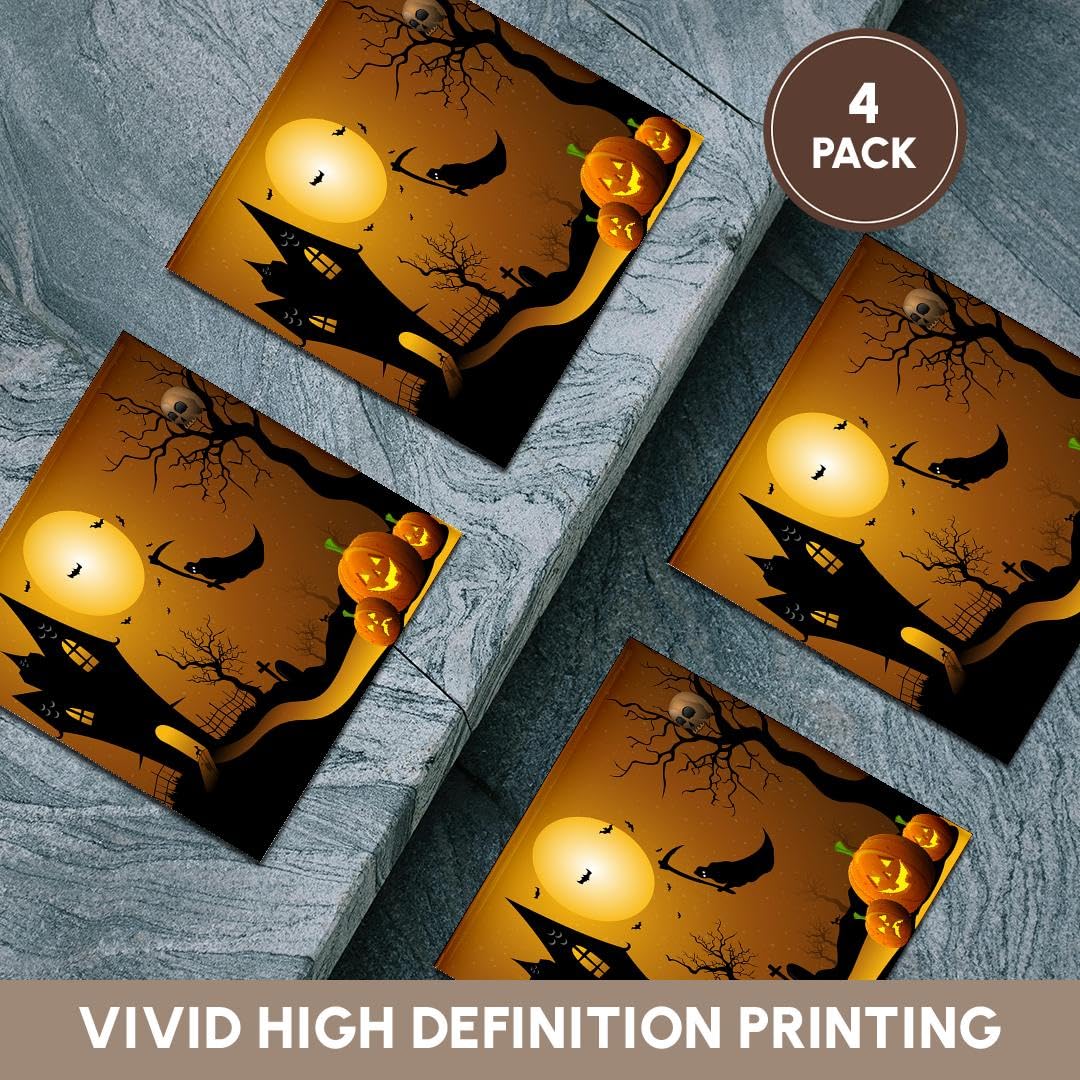 3dRose CST_152289_3 Halloween House with Pumpkins, Skulls, and Bats and The Grim Reaper Ceramic Tile Coasters, Set of 4
