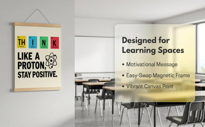 CVDGUFY Classroom Decorations, Funny Science Canvas Wall Art With Wooden Hanging Scroll, Think Like A Proton Poster, 30 x 40 cm, For Teachers, Students, Office, Dorm