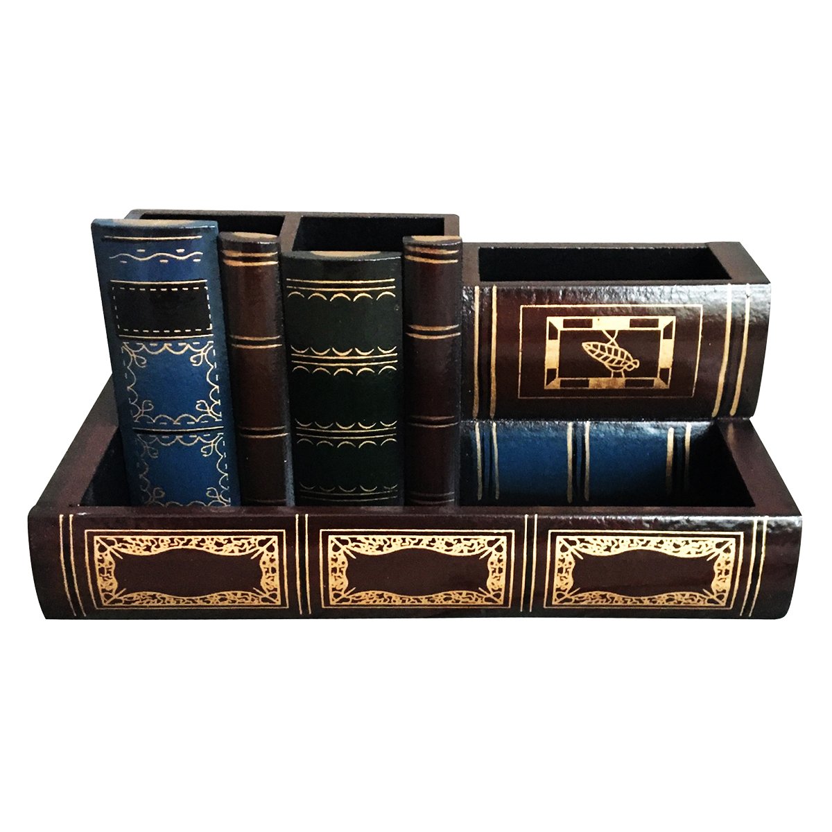 Tosnail Decorative Pen Holder with Storage Compartment, Wooden Pencil Holder and Organizer, Antique Library Books Design Pen Cup Caddy for Office Supplies, Countertop, Desk, Table