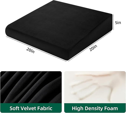 HOMBYS Wedge Recliner Seat Cushion for Long Sitting Chair, Cushion for Elderly Esay to Get Up,5" Thick 20"x20" Large Pressure Relief Seat Cushion for Recliner, Office, Car, Velvet & Foam, Black