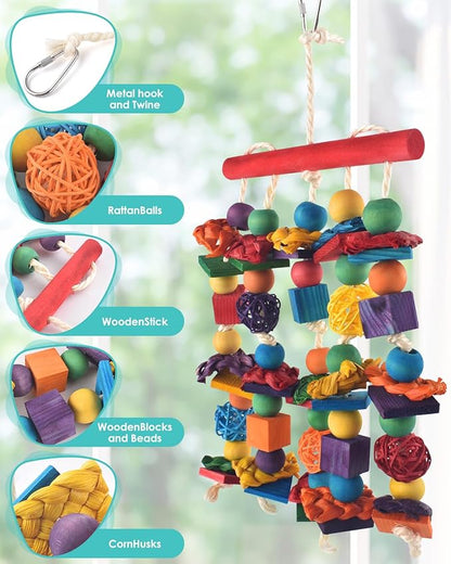 DBNESS Bird Toys, 3PCS Parrot Foraging Hanging Toy, Multicolored Natural Wooden Blocks Parakeet Chewing Toys mit Rattan Wicker Balls, for Medium Small Cockatoos Budgie Lovebird Cockatiel Conure