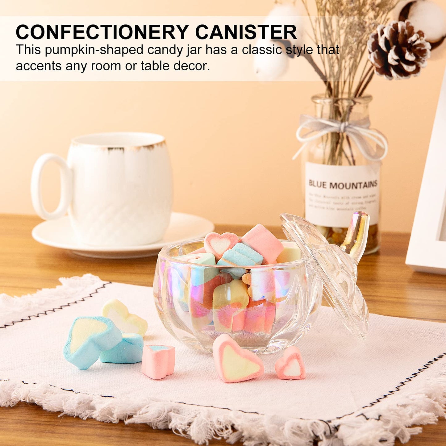 SHOWLOUE Glass Candy Jar with Lid, Food Storage Canister for Wedding Candy Buffet, Pumpkin Jar, Decorative Kitchen Storage for Christmas, Halloween