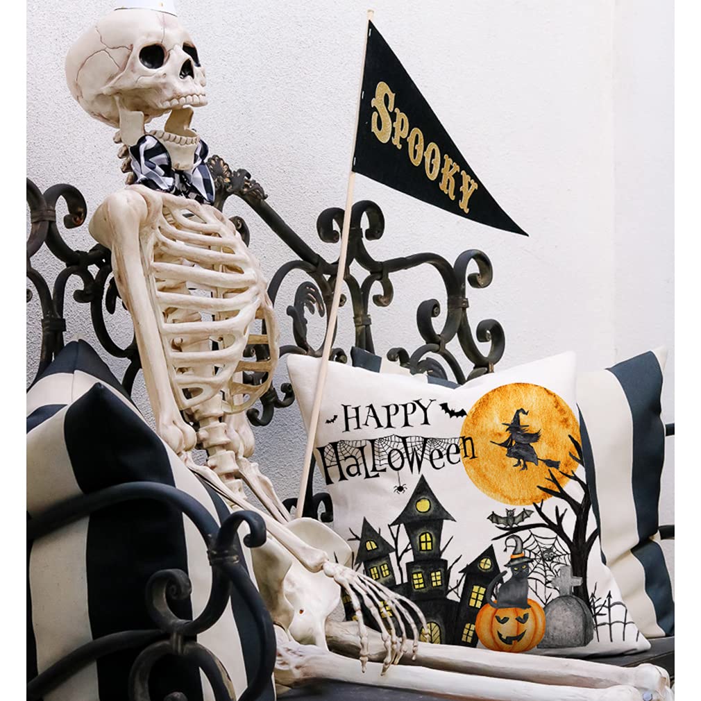PANDICORN Halloween Throw Pillow Covers, Halloween Decorations, Witch Leg Pumpkin Spider Web Cute Skeleton Ghost Decor for Home Living Room Couch Decor Set of 8(Black,Beige,Orange,18x18 Inch)