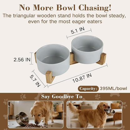 Ceramic Dog and Cat Bowl Set with Wooden Stand Matte Glaze Elevated Food Water Set Anti-Tip Non-Slip Weighted for Cats Small Breed Dogs-Grey-13.3OZ