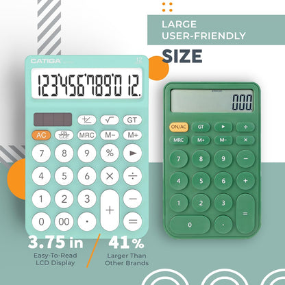 CATIGA 12 Digit Desktop Calculator Basic Desk Calculator with Large LCD Display, Big Buttons, 4 Function, Solar and Battery Dual Power, for Office, School, Home, SD-1292 Fresh Blue