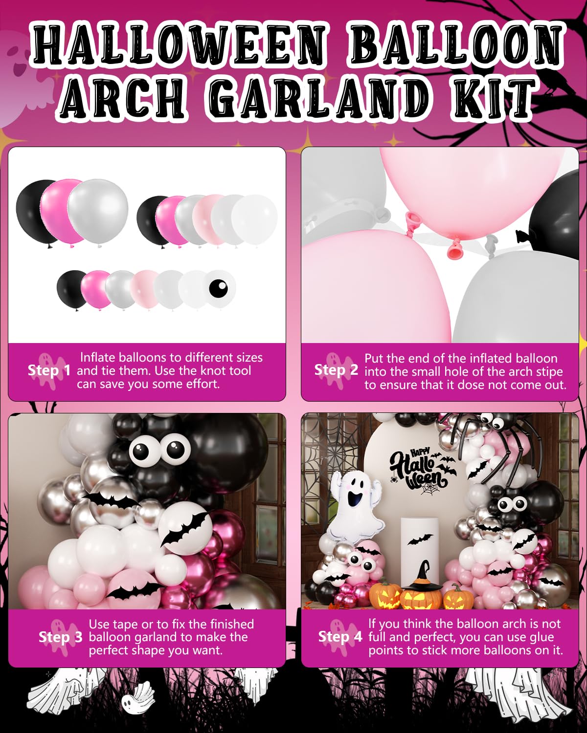 136Pcs Halloween Balloon Garland Arch Kit with Pink White Black Sliver Grey Eyes Balloons, Ghost Foil Balloon, Bats, Spider Web for Halloween Party