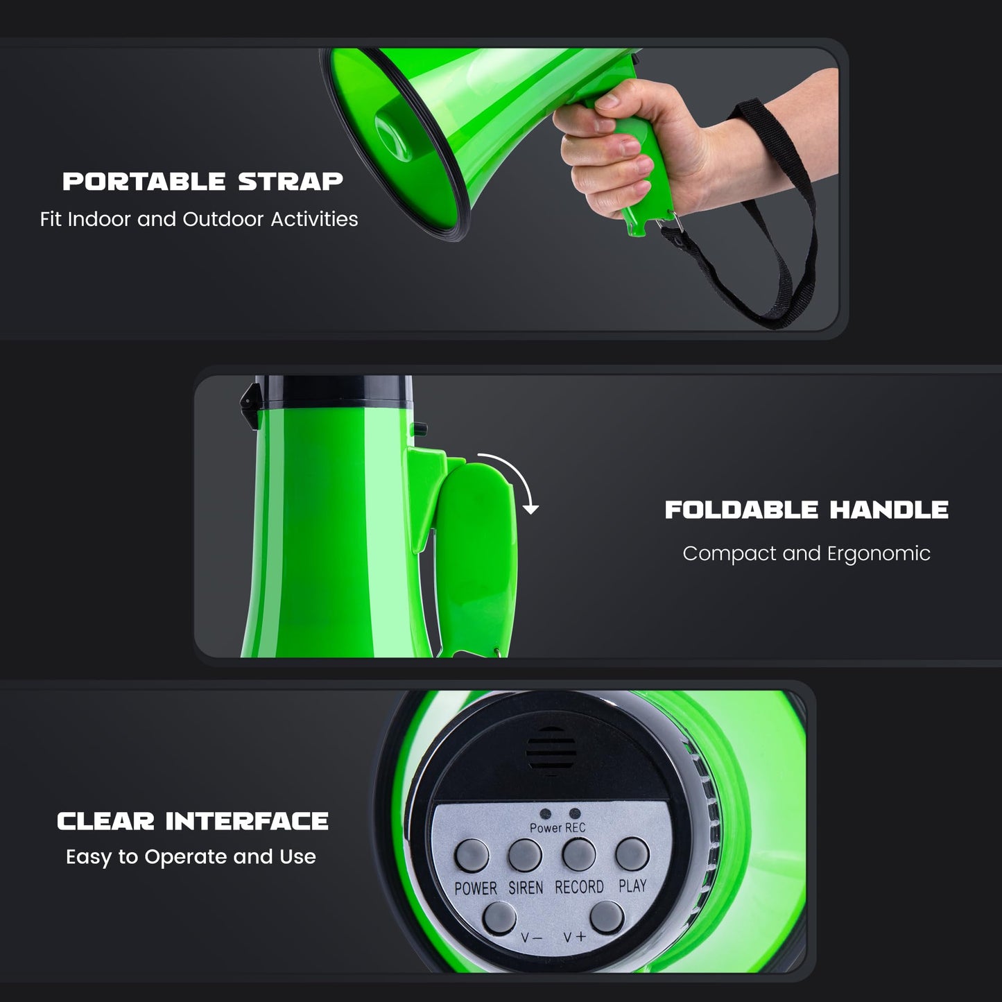 MyMealivos 20W Megaphone Bullhorn, Built in Siren & 240s Recording, 5.4"×8.6" Portable Megaphone with Volume Control Cover Up to 300 feet+ for Indoor and Outdoor Activities(Green)
