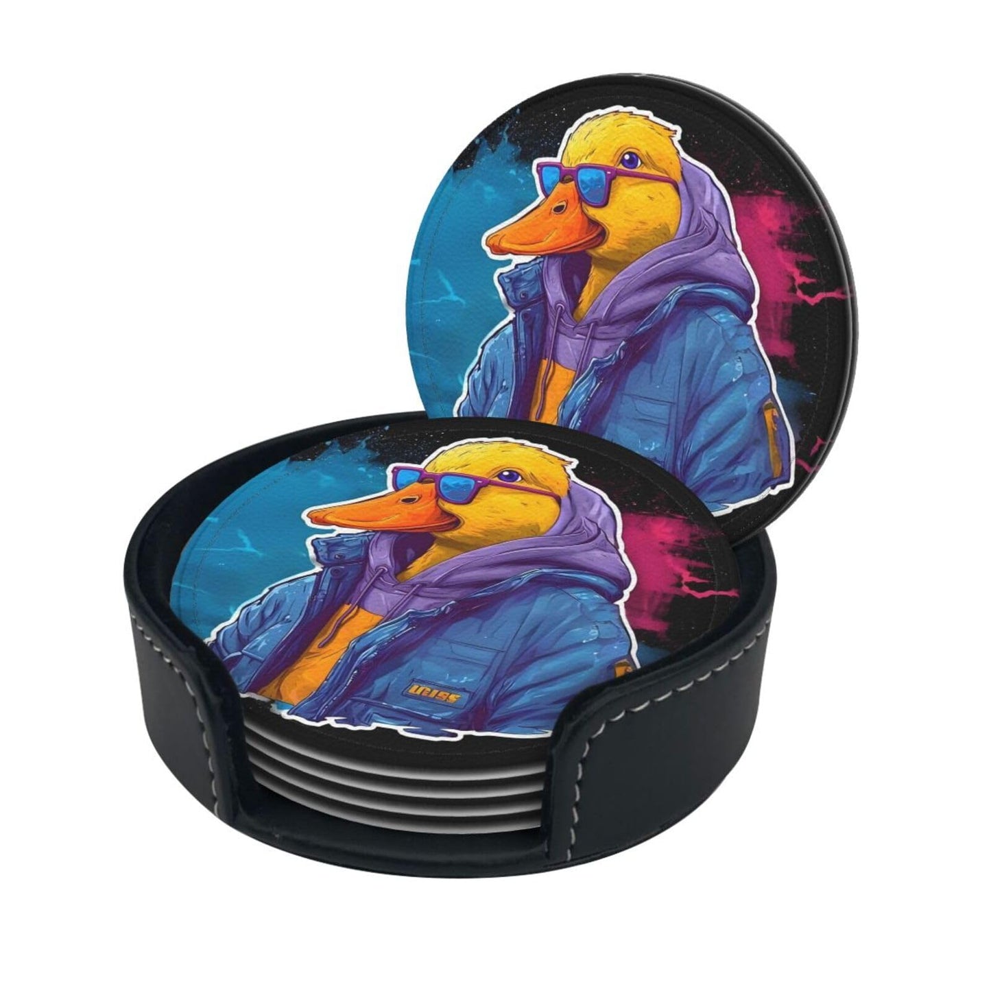 BOXIMIAO Drink Coasters with Holder Stand Set of 6, Cute Cyberpunk Duck Pu Leather Absorbent Coasters with Cork Base Table Coaster Round Coasters for Housewarming Apartment Kitchen Bar Decor