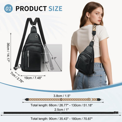 SUIKIHUM Anti Theft Sling Bag, 2 in 1 PU Leather 8.3" Convertible Crossbody Bags, Fanny Pack Backpack with 2 Removable Straps for Hiking Cycling Sport (Black)