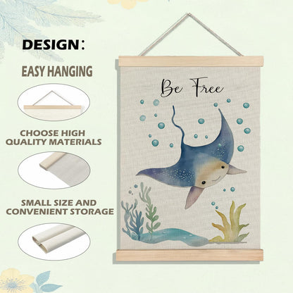 BearCake Ocean Nursery Decor, Stingray Octopus Under the Sea Wall Art Poster Hanger Frame, Inspirational Beach Nursery Canvas Prints Framed Wall Decor for Kids Room Playroom, 12x16 Inch Set of 2