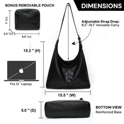 Hobo Bag for Women, Soft Vegan Leather Slouchy Shoulder Tote Purse with Matching Pouch, Adjustable Strap & Magnetic Closure Black