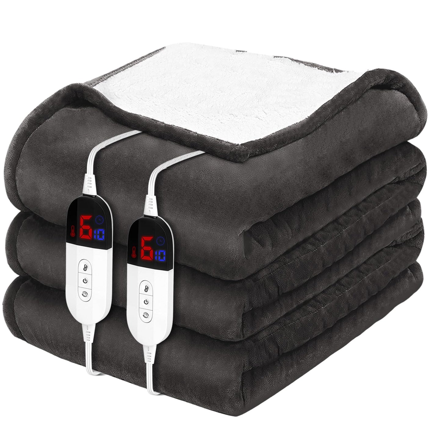 HOW'S MY HOUSE Heated Blanket Throw 50" x 60", Electric Blanket with 12 Time Settings & 6 Heating Levels, Over-Heat Protection, Flannel Sherpa Super Cozy with ETL Certification, Gray