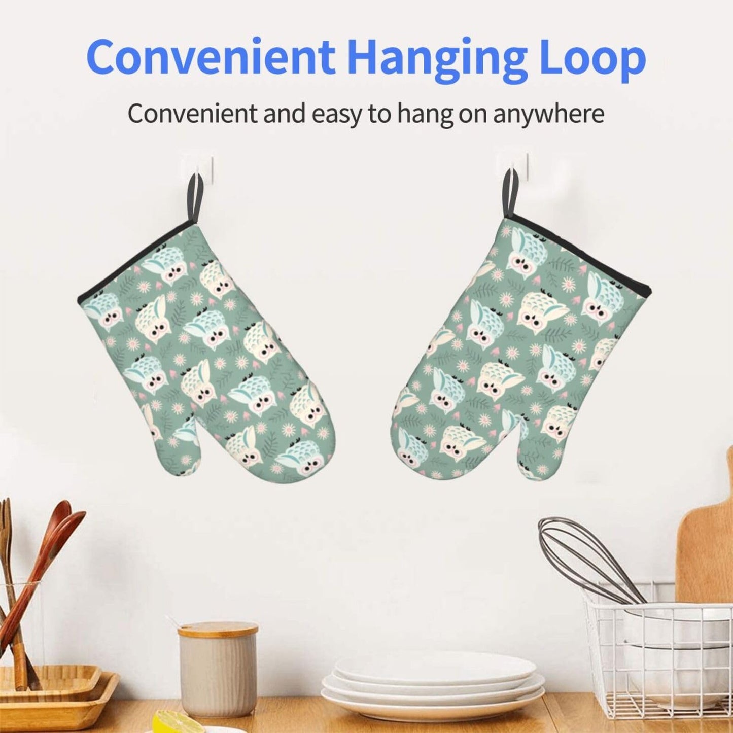Owl Oven Mitts of 2 Pack, Funny Kitchen Gloves Heat Resistant Non-Slip Kitchen Mitts for Cooking Baking Grilling
