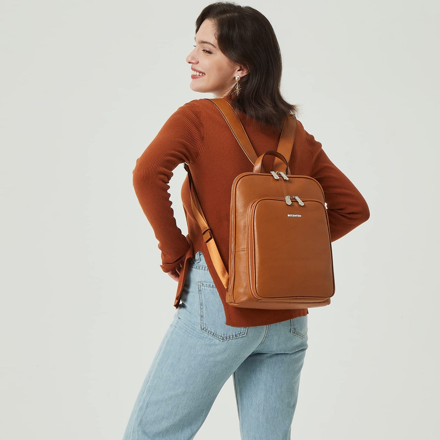 BOSTANTEN Genuine Leather Backpack Purse for Women Casual College Travel Bags Brown