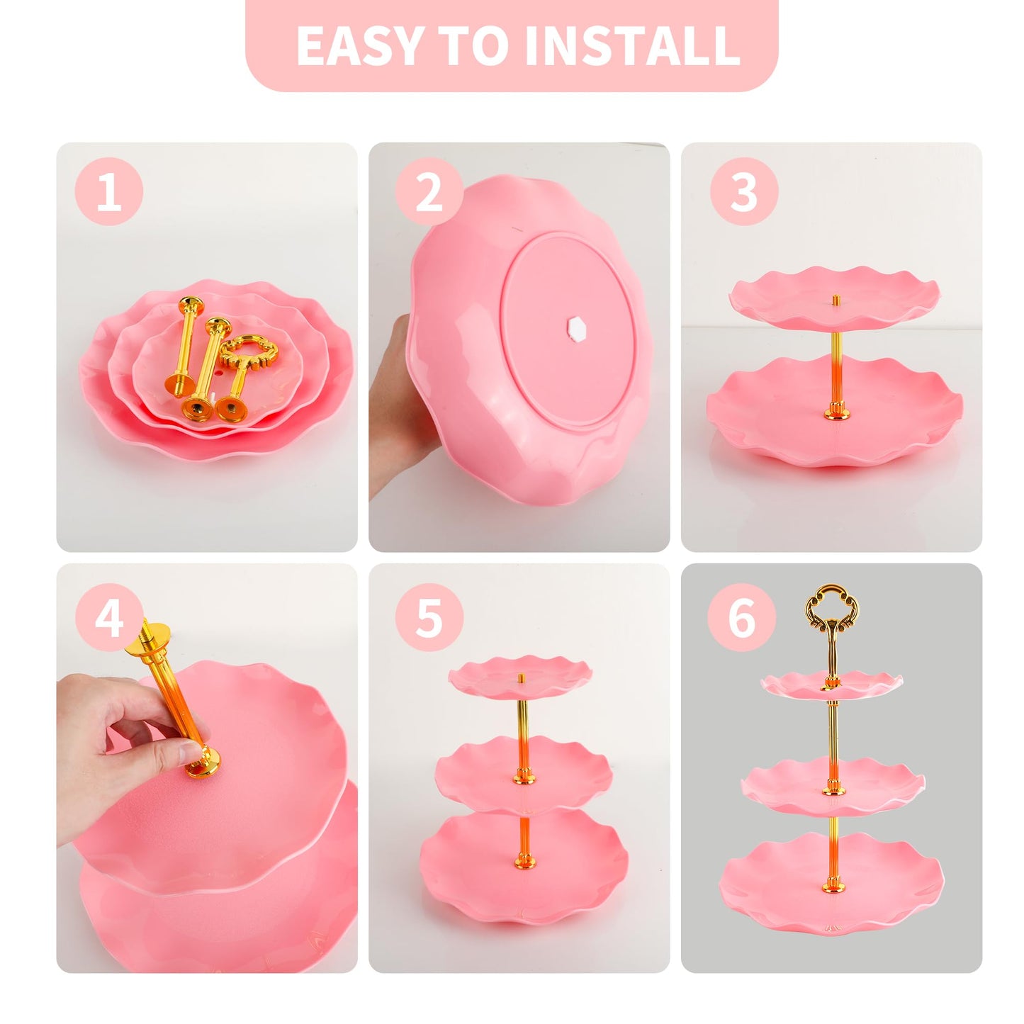 6 Pcs Cupcake Stand Set - Pink Plastic Dessert Table Display Set, 2X Pink Round 3 Tier Cupcake Display Stands Cookie Tray Rack Serving Tower & 4X 14 in Plastic Trays for Wedding Baby Shower Tea Party