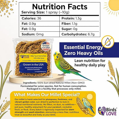 Birds LOVE Millet Tips & Tails for Birds - Parakeets, Cockatiels, Lovebirds, Finches, Budgies, Canaries, Cockatoos - Natural & Healthy Millet for Birds - Parakeet Food & Treats for All Parrots, 1lb