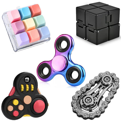 Fidget Toys Set for Adults, Sensory Pack with Fidget Spinner, Robot Spinner, Fidget Cube, Keyboard Clicker Toy, Fidget Pad, Stress Relief Desk Gadget for Office, Birthday Gift Set