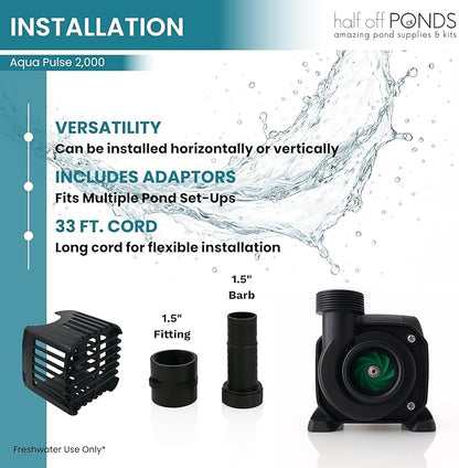 HALF OFF PONDS Submersible Water Pump, 2,000 GPH Pond Pump with 33FT Power Cord and 18FT Max Head, 156W Ultra Quiet Energy Efficient Pump for Koi Pond, Fountain, Waterfall, Water Garden, Skimmer