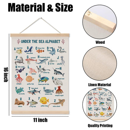Number Chart Alphabet Poster Hanger, ABC Chart Wall Decor, Toddler Learning Posters, Educational Posters Homeschool Supplies, Sea Animals Wall Art Wall Hanging Banner Living Room Nursery Decor