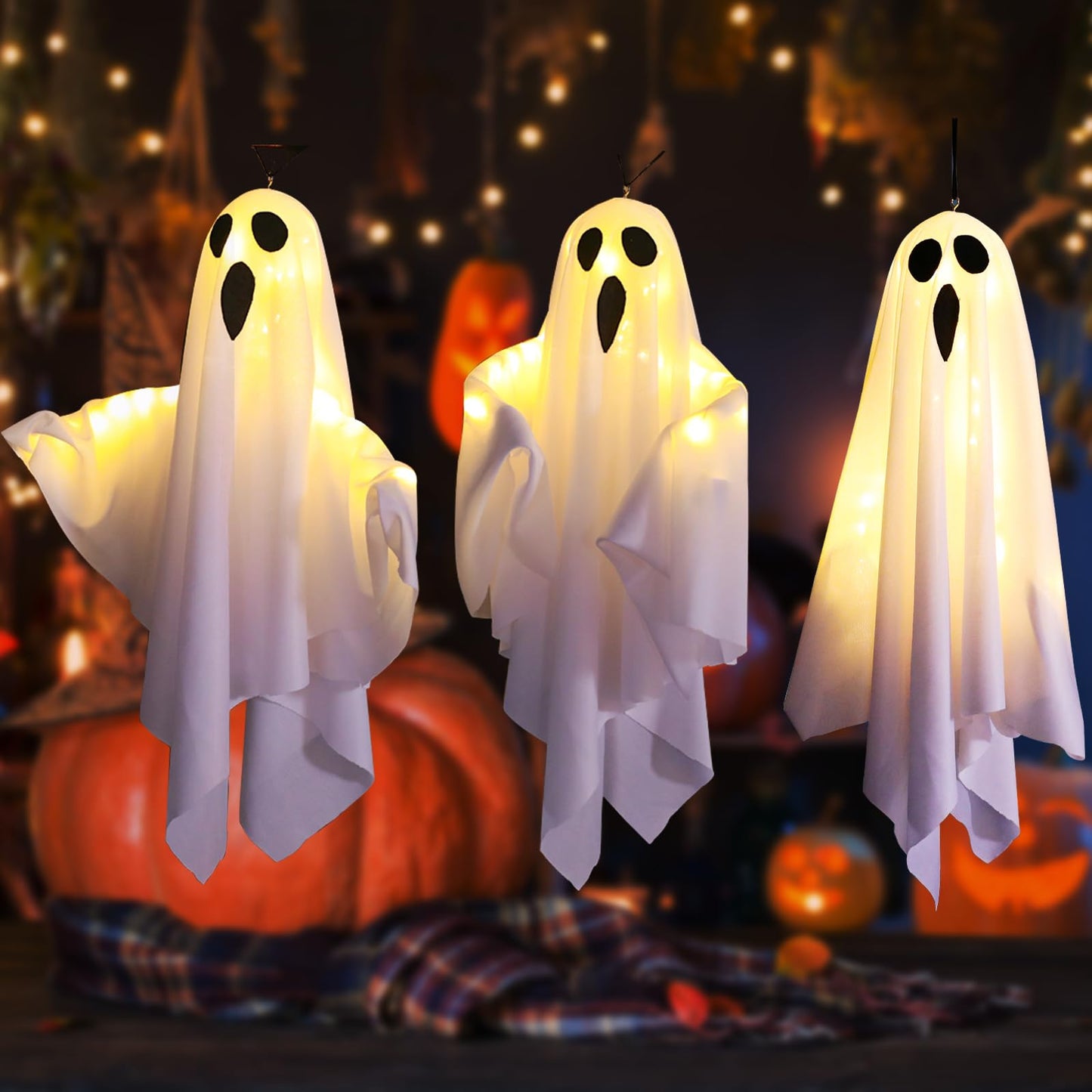 TUSAUW 3Packs Halloween Light Up Hanging Ghost Halloween Ghost Decorations with LED Light Spooky Ghost Ornaments for Home Tree Garden Yard Party Décor and Holiday Decorations(White)