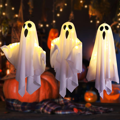TUSAUW 3Packs Halloween Light Up Hanging Ghost Halloween Ghost Decorations with LED Light Spooky Ghost Ornaments for Home Tree Garden Yard Party Décor and Holiday Decorations(White)