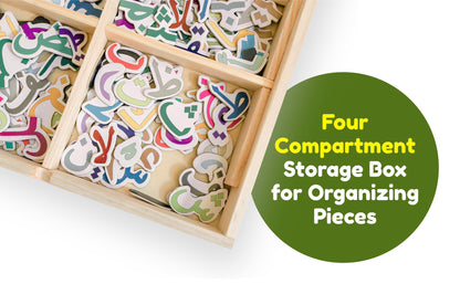 ILM Toolbox Build-A-Word Magnetic Arabic Letter Alphabet Set for Kids, 143 Wooden Arabic Letters in a Wooden Storage Box with Dry Erase Board