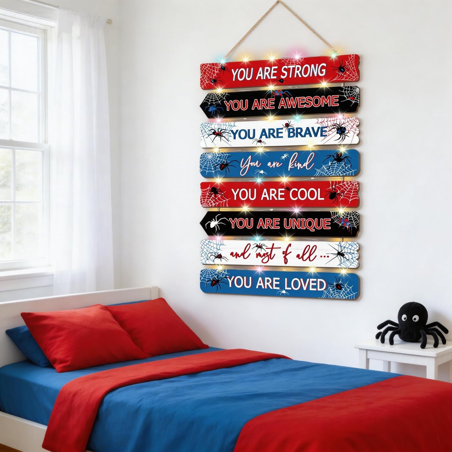 Spider Room Decor with LED Lights Bedroom Boys Room Wall Decor Children Inspirational Motivational Wall Art Wooden Wall Decor Little Boy Kids Room Interior Decor Toddler Room Sign