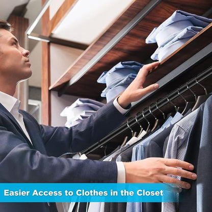 INFLATION Closet Rod With Hangers Adjustable Width (15-50 Inch) Tension for Hanging Clothes Rack, 35 Inch Height, Elegant Black Hanging Closet Organizer for Women, Men and Kids