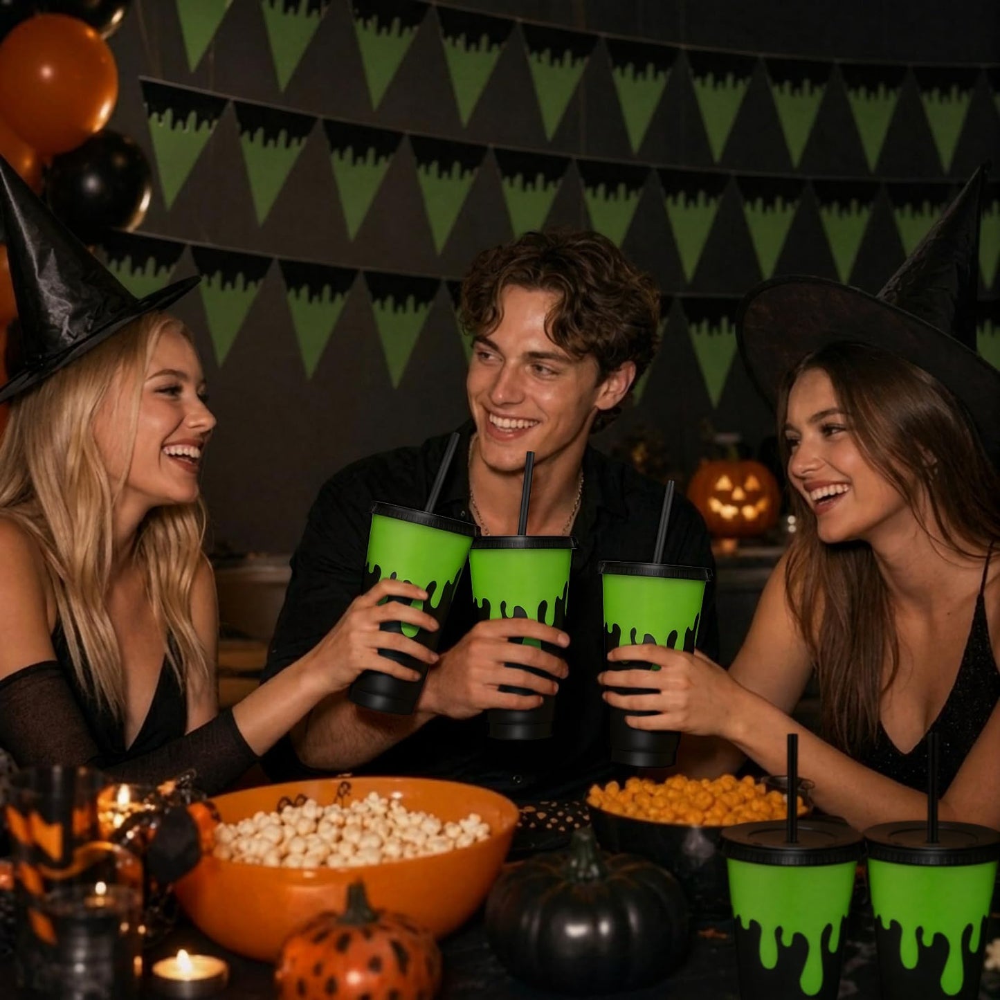 Acellegic 12 Pcs Halloween Party Decorations Green and Black Plastic Gifts Cups with Lids and Straws Reusable 24 oz Ghost Plastic Tumblers Bulk for Halloween Birthday Party Favors Decoration Supplies